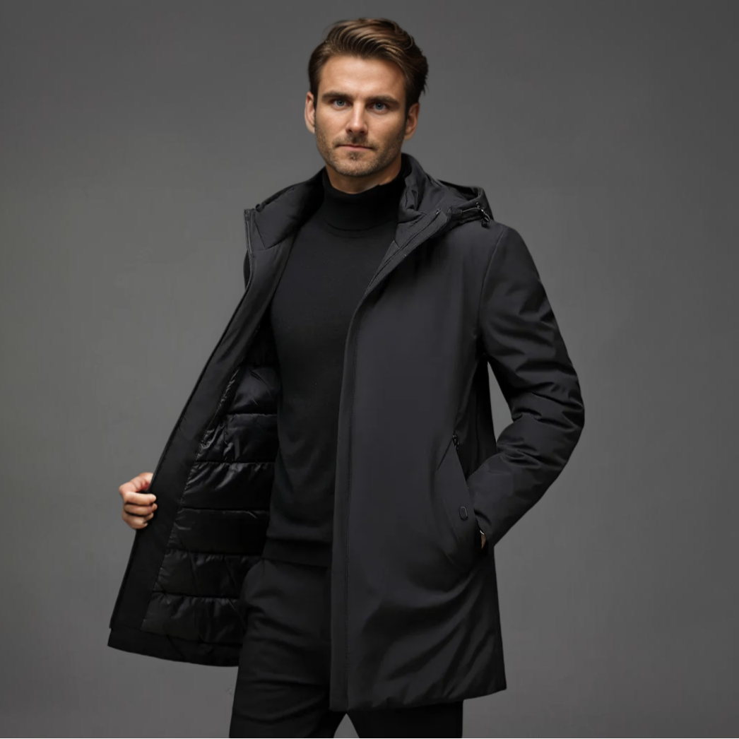 Warm insulated men's gray hooded winter coat. Perfect for cold weather & casual style.