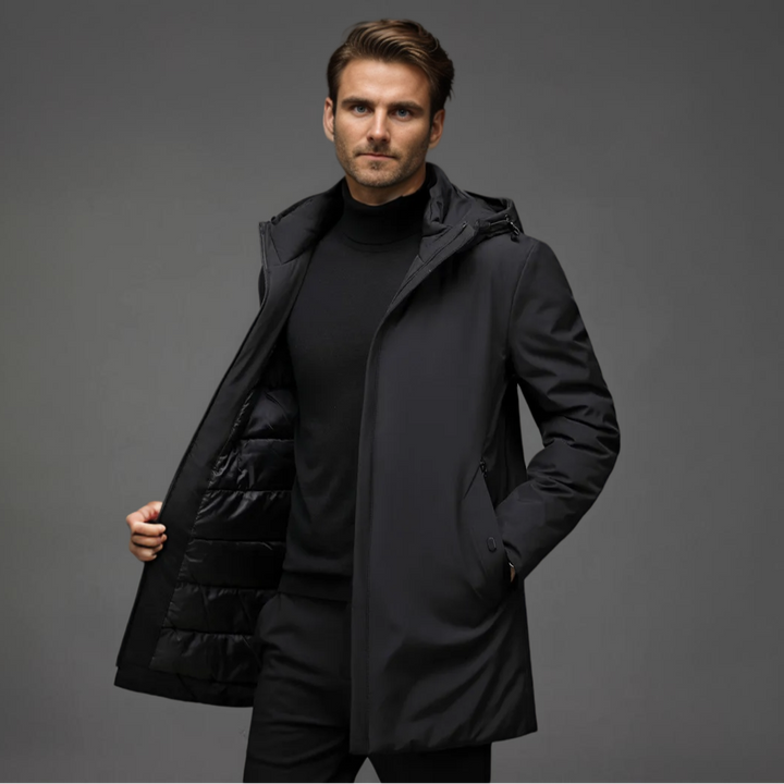 Warm insulated men's gray hooded winter coat. Perfect for cold weather & casual style.