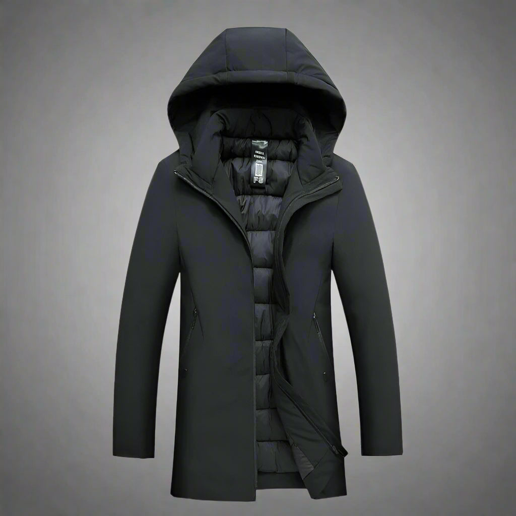 Man wearing a tailored fit black hooded winter jacket, ideal for smart casual cold weather.