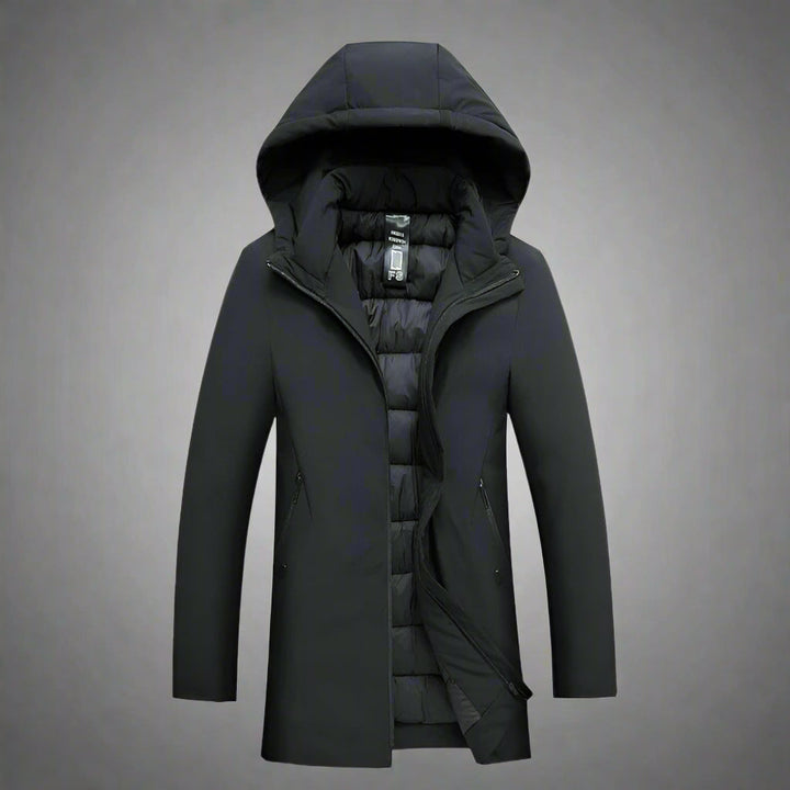 Man wearing a tailored fit black hooded winter jacket, ideal for smart casual cold weather.