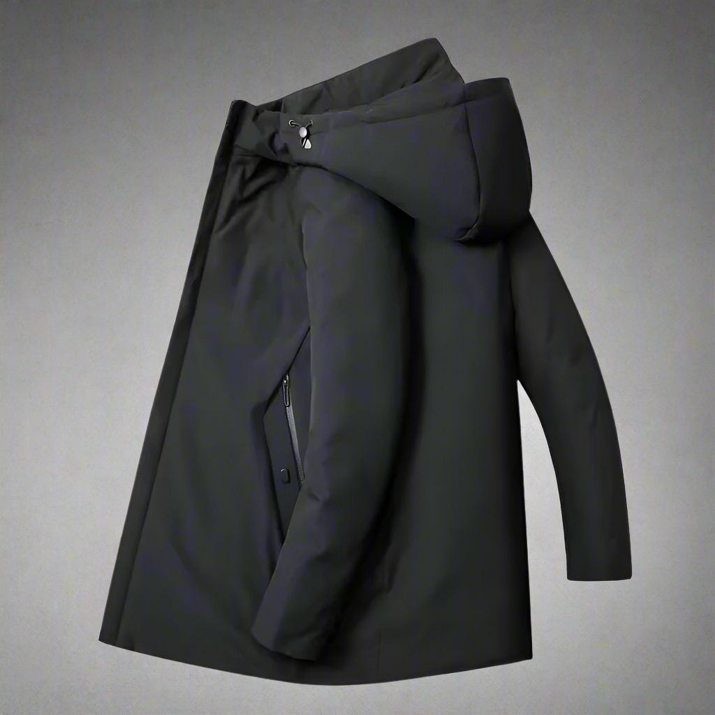 Durable men's hooded winter jacket in a modern gray. Keeps you warm & stylish.