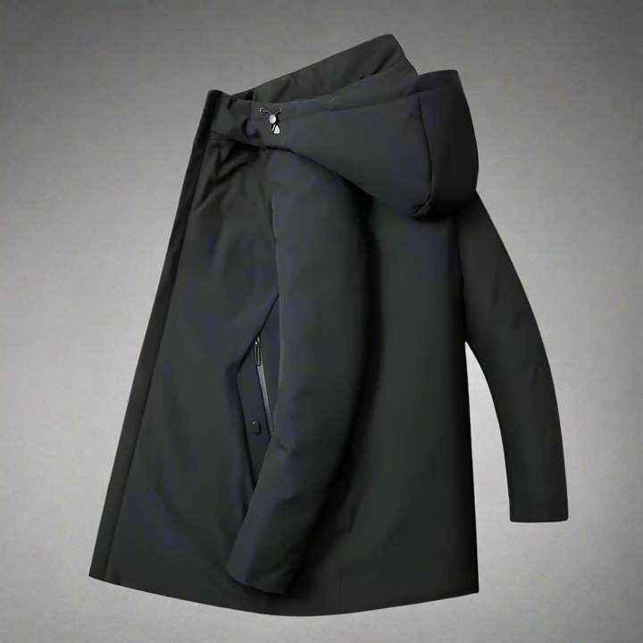 Durable men's hooded winter jacket in a modern gray. Keeps you warm & stylish.