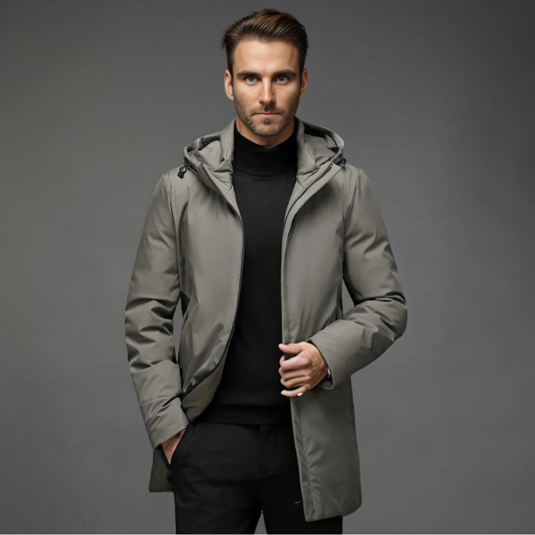 Front view of a men's black hooded winter jacket with a tailored fit & insulation for warmth.