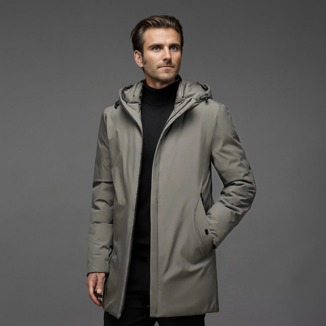 Back view of a men's gray hooded winter coat, showing its modern style and cold-weather design.
