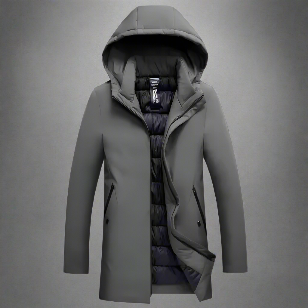 Close-up of men's hooded winter jacket fabric, highlighting insulation & stylish design. Black.