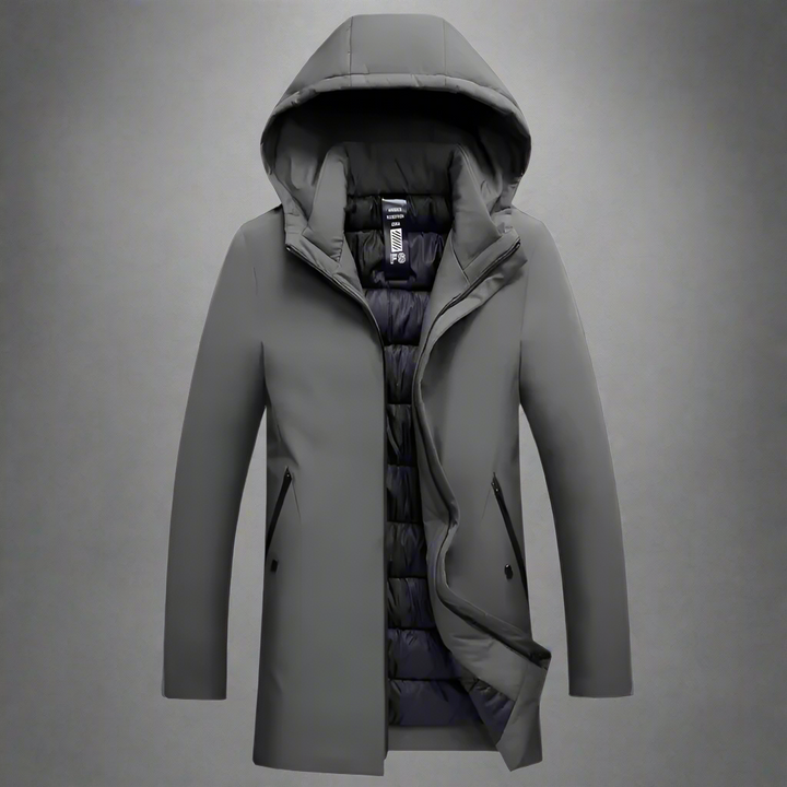 Close-up of men's hooded winter jacket fabric, highlighting insulation & stylish design. Black.