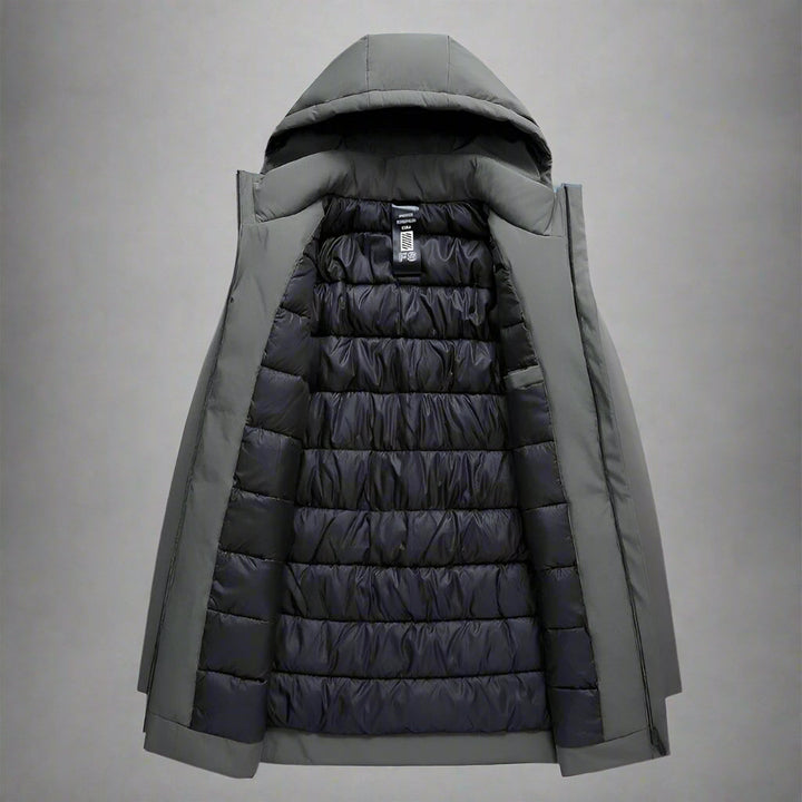 Versatile men's black hooded winter jacket for smart casual looks & ultimate cold weather comfort.