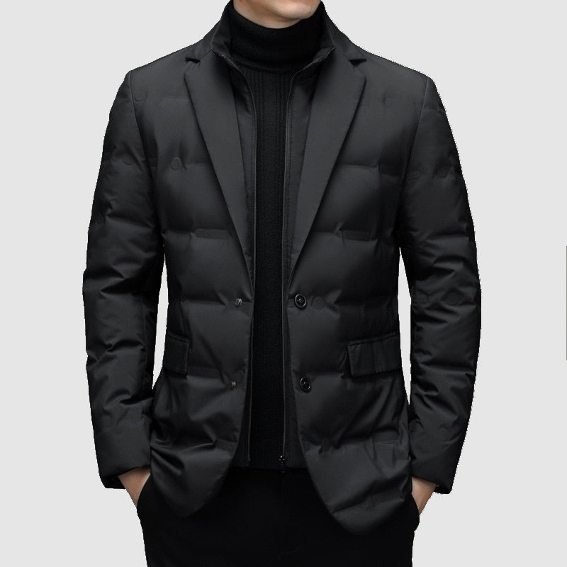 Men's stylish black padded jacket with a classic notch lapel, perfect for smart casual or business casual winter wear.