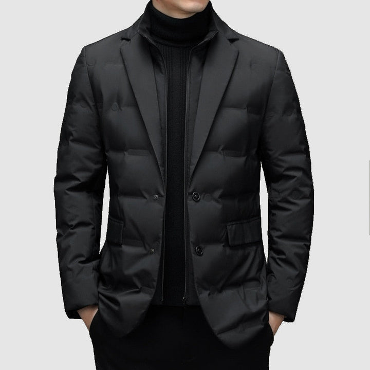 Men's stylish black padded jacket with a classic notch lapel, perfect for smart casual or business casual winter wear.