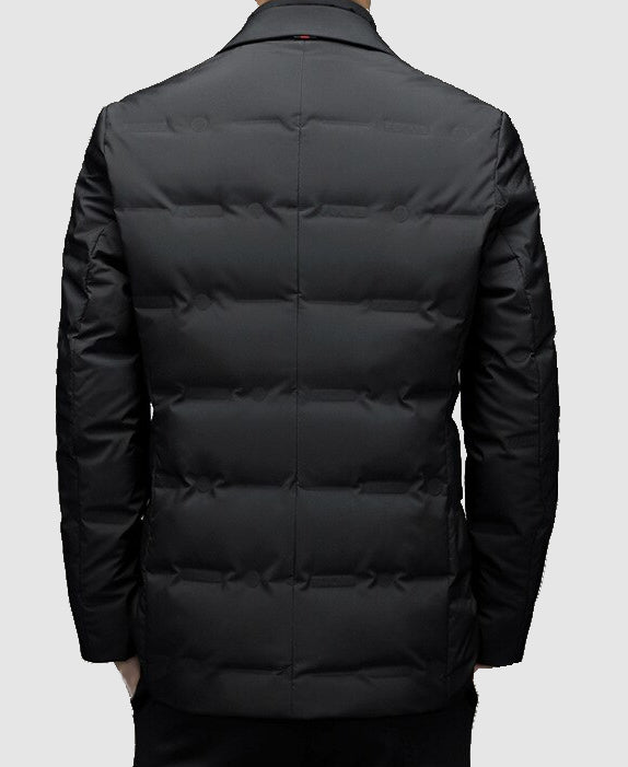 Men's business casual padded jacket in black, featuring a crisp notch lapel and tailored fit for smart office wear.