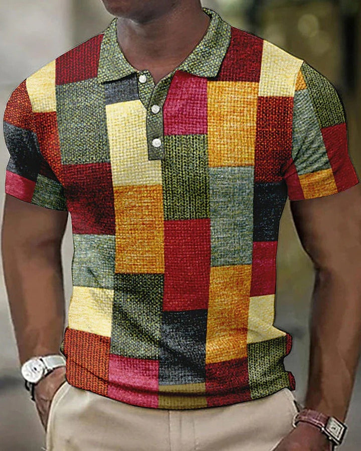 Close-up of men's breathable short-sleeve check polo shirt. Modern fit, perfect for casual summer fashion.