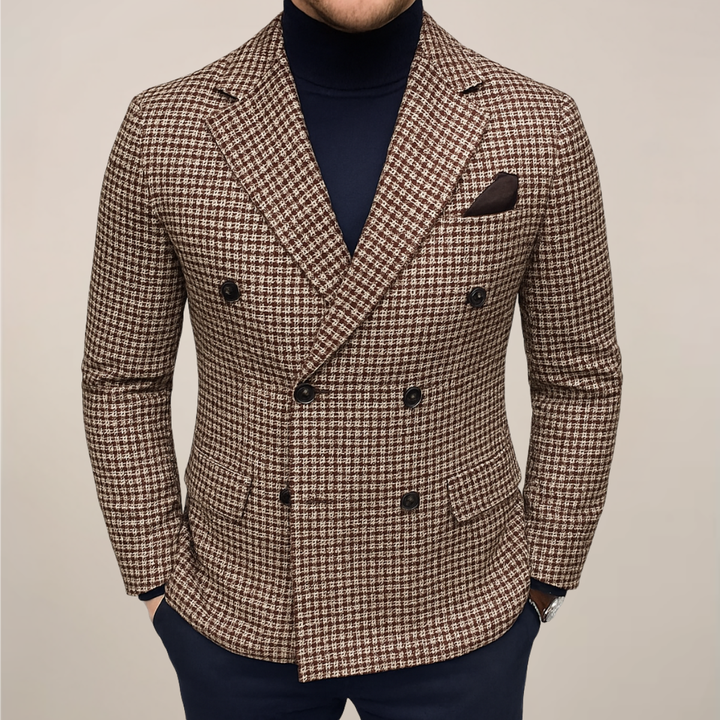 Men's stylish double-breasted checked blazer. Sharp tailored fit for a versatile formal or casual menswear jacket.