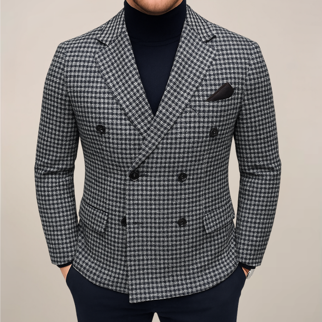 Tailored men's checked double-breasted jacket. Stylish heritage blazer, versatile for formal or smart casual wear.