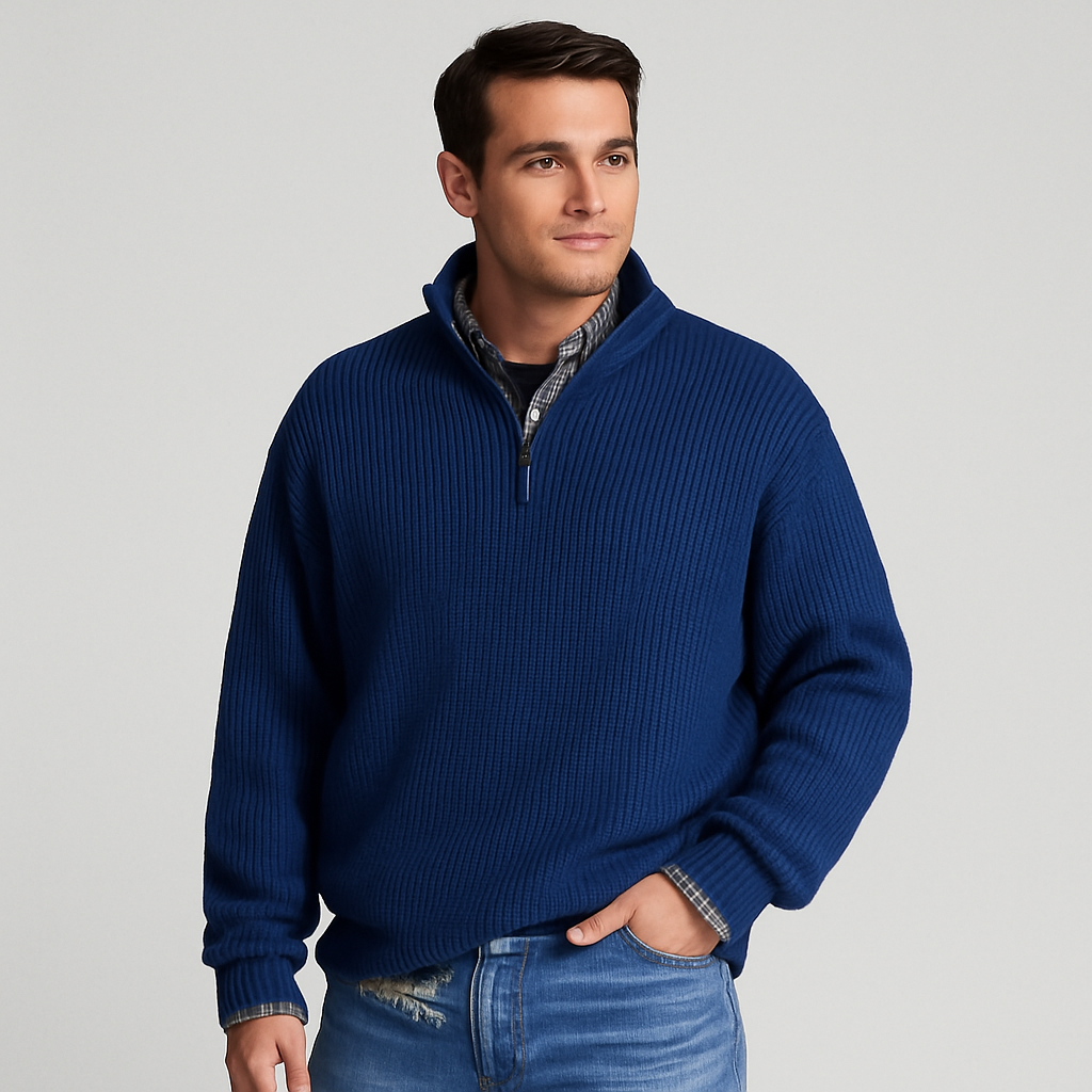 Men's stylish half-zip ribbed sweater with stand collar, ideal for casual layering.