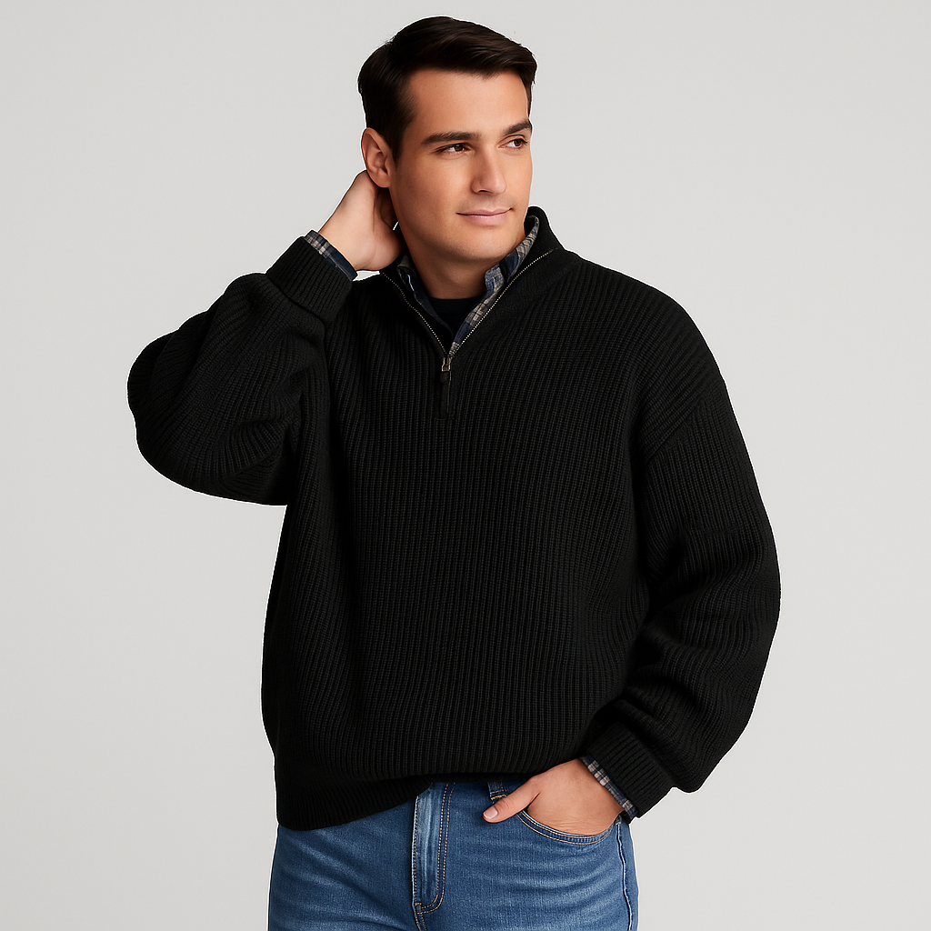 Comfortable men's long-sleeve half-zip pullover knit sweater, perfect for versatile smart-casual wear.