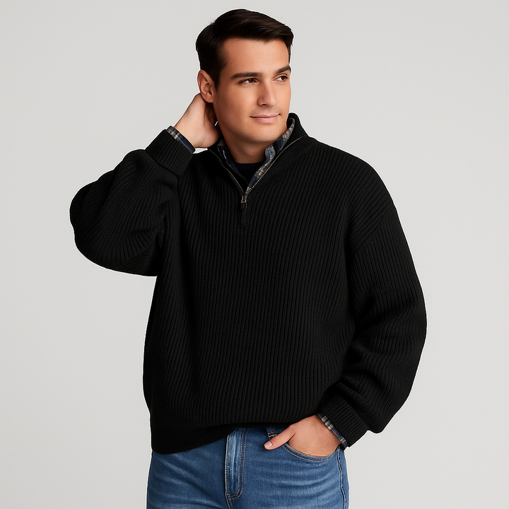 Comfortable men's long-sleeve half-zip pullover knit sweater, perfect for versatile smart-casual wear.