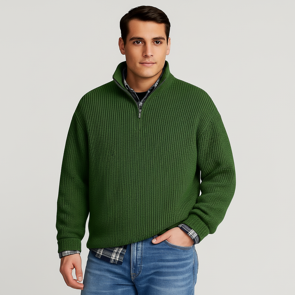 Modern men's fashion half-zip sweater with a stand collar, offering stylish winter layering.
