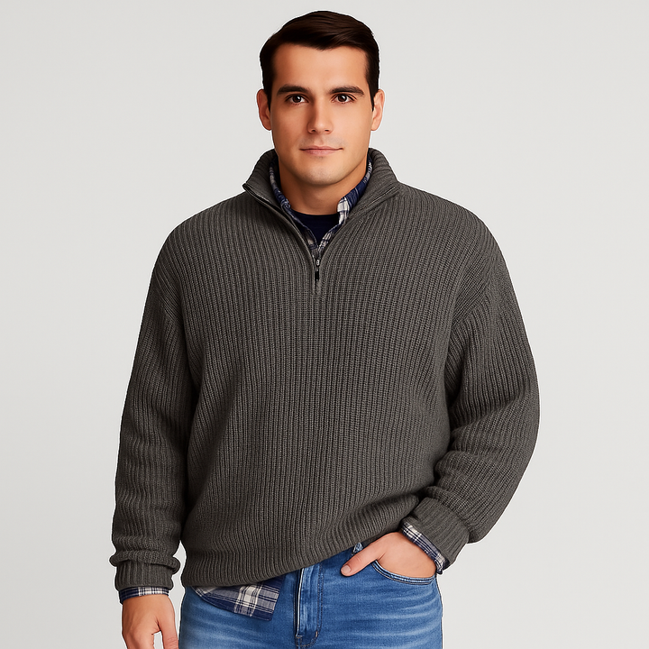 Ribbed men's half-zip knit sweater, a comfortable long-sleeve pullover for everyday wear.