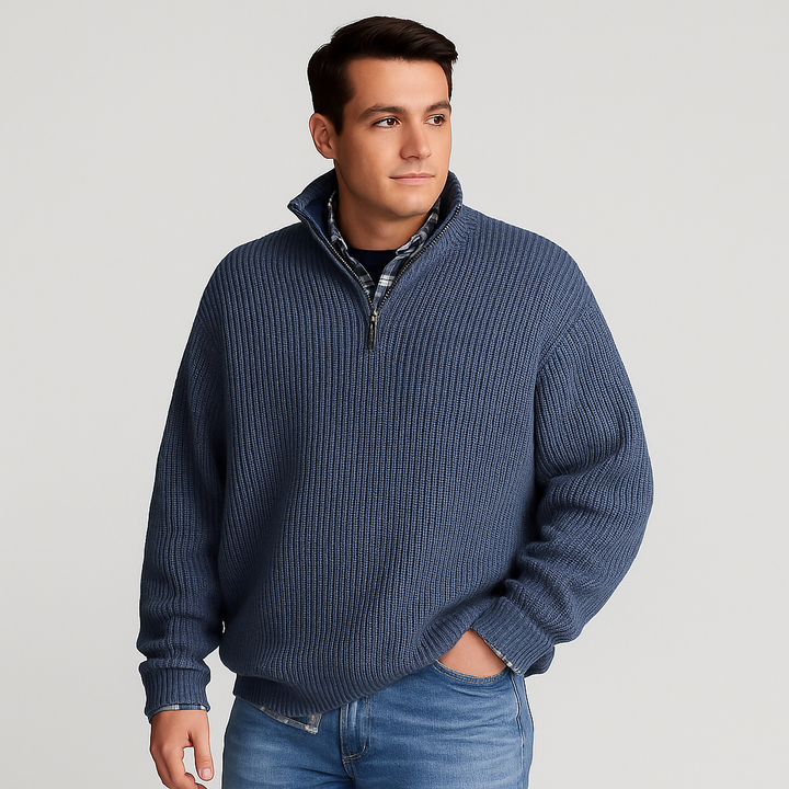Versatile men's half-zip sweater, a warm long-sleeve layering piece for smart casual winter outfits.