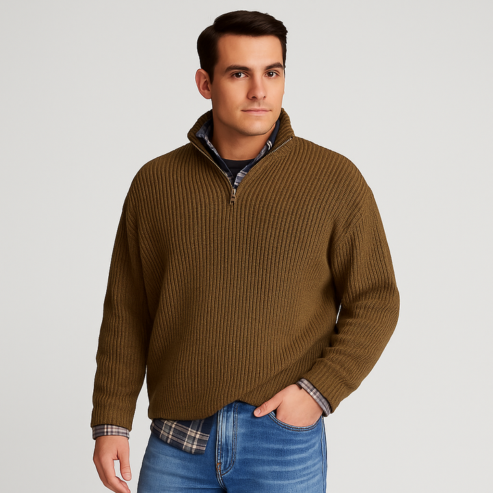 Men's half-zip ribbed pullover with stand collar, perfect for comfortable smart casual winter layering.