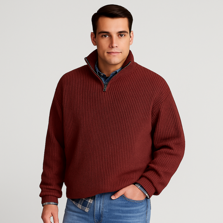 Stylish men's long-sleeve half-zip sweater, a comfortable ribbed knit for everyday layering fashion.