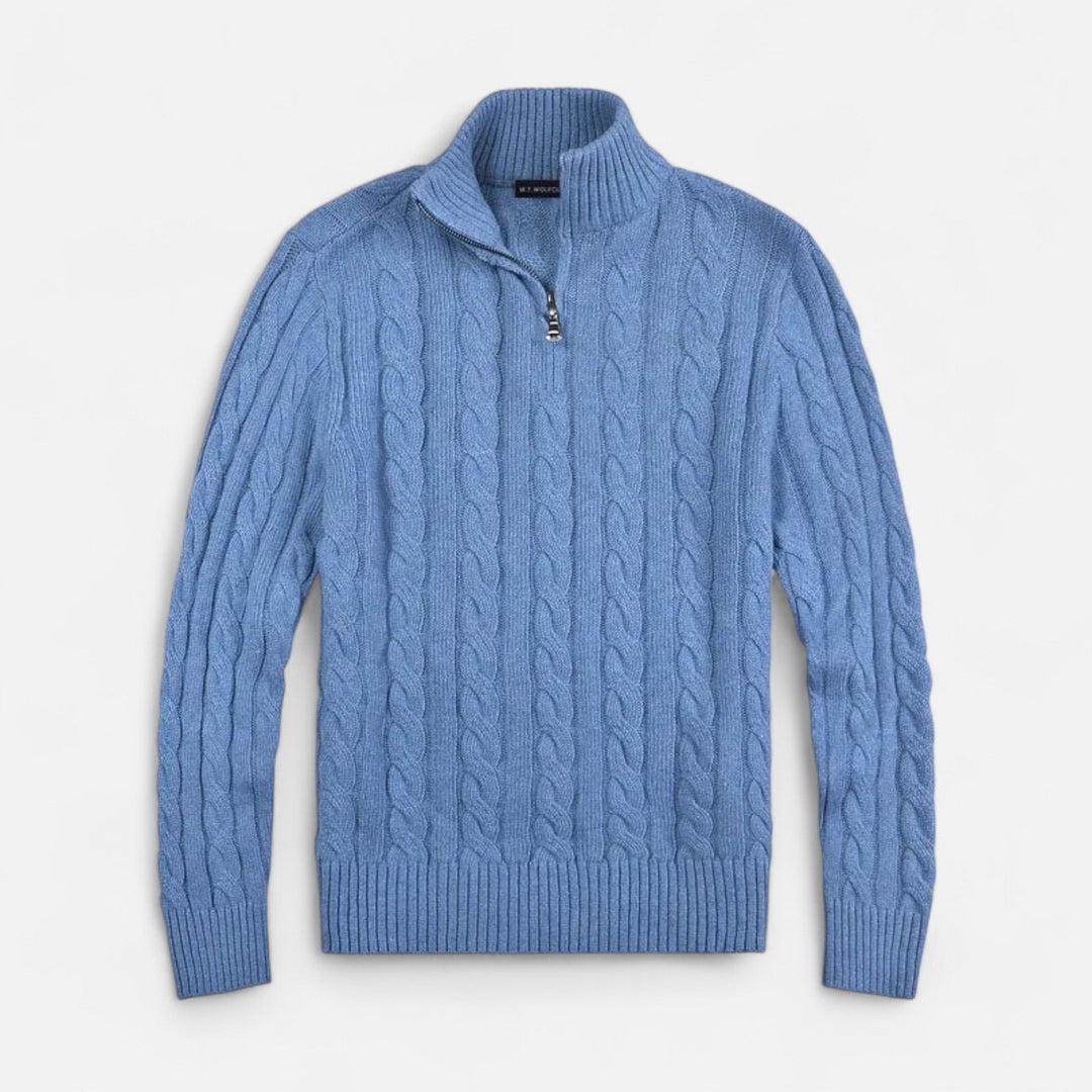 Close-up of a men's knit open-front cardigan sweater, showcasing comfortable fabric and modern style.