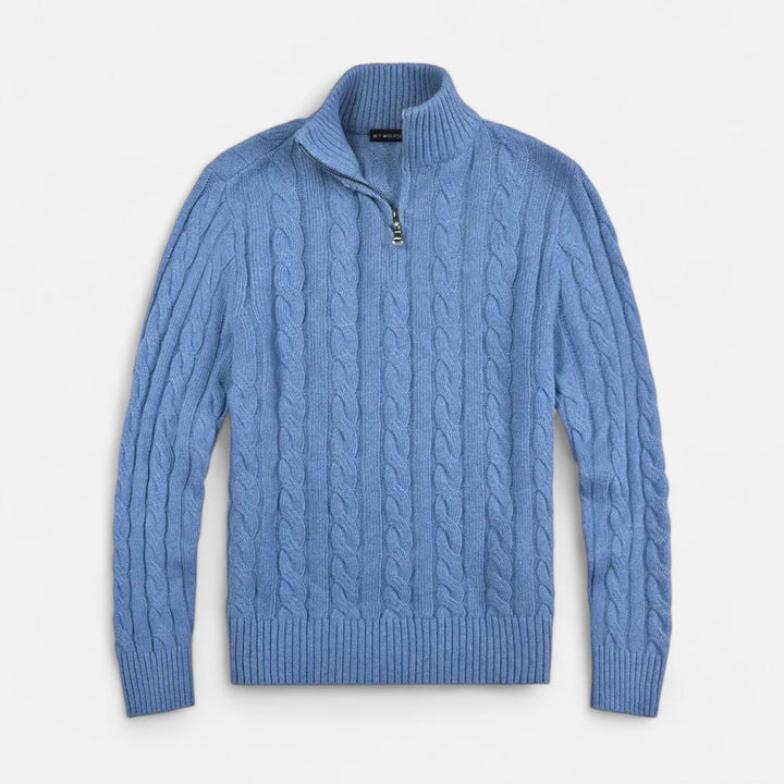 Close-up of a men's knit open-front cardigan sweater, showcasing comfortable fabric and modern style.