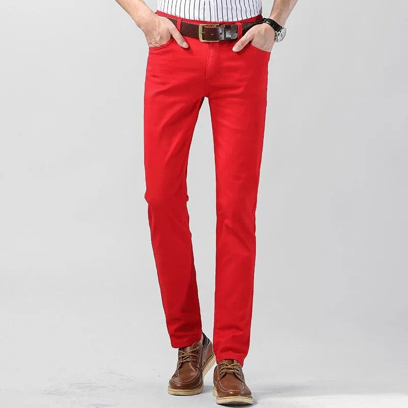 Comfortable men's regular fit colored trousers, made from breathable cotton blend for daily wear.