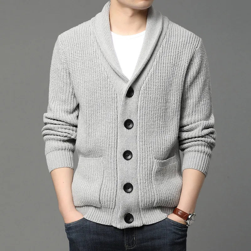 Men's stylish shawl collar cardigan in a comfortable ribbed knit. Perfect for casual or smart casual layering.