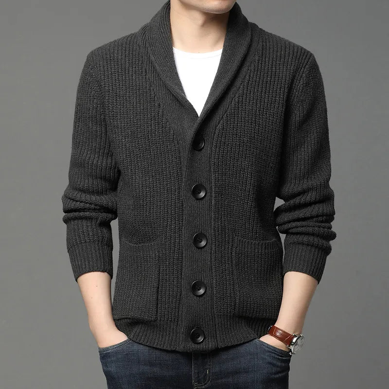 Stylish men's ribbed knit shawl collar cardigan, ideal for everyday wear, smart casual outfits, and layering.