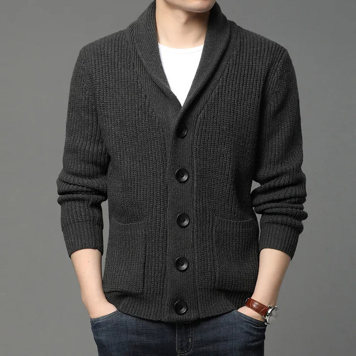 Stylish men's ribbed knit shawl collar cardigan, ideal for everyday wear, smart casual outfits, and layering.