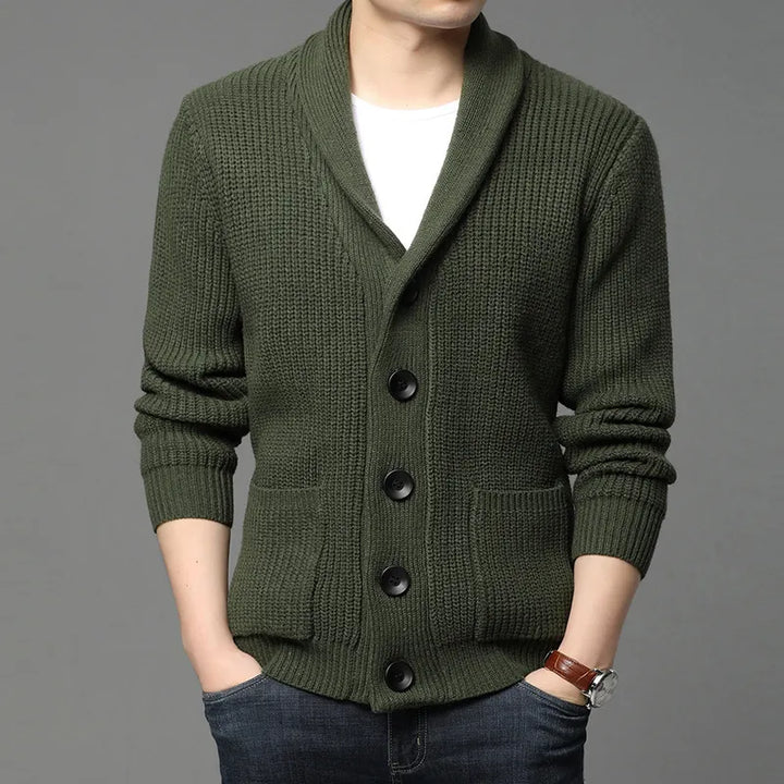 Comfortable men's shawl collar cardigan with ribbed knit texture. Versatile outerwear for all-season men's fashion.