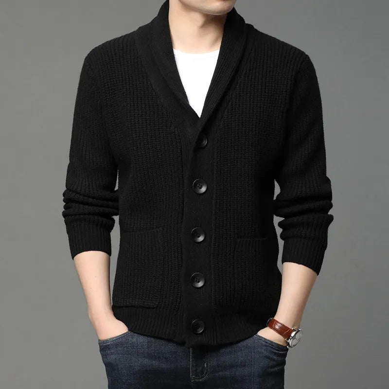 Men's elegant ribbed knit shawl collar cardigan for versatile layering and stylish everyday smart casual wear.