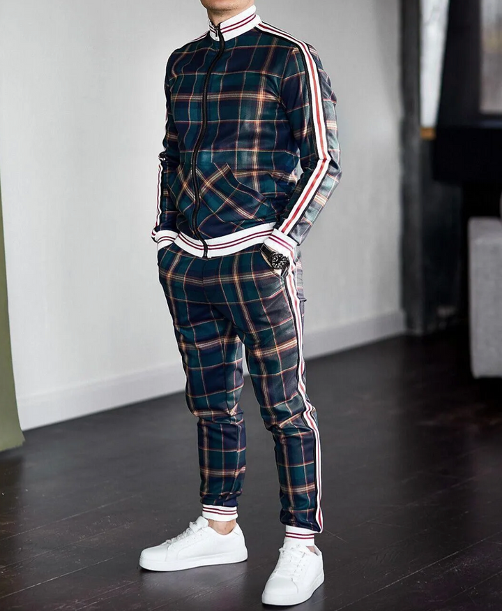 Men's stylish slim-fit checkered tracksuit set, perfect for casual, sport, or loungewear. Autumn/spring fashion.