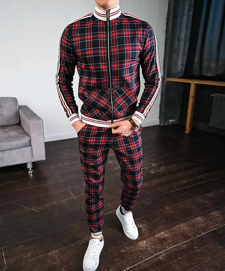 Men's stylish checkered tracksuit set. Slim fit, great for casual wear, sport, or comfortable loungewear. Autumn/spring.