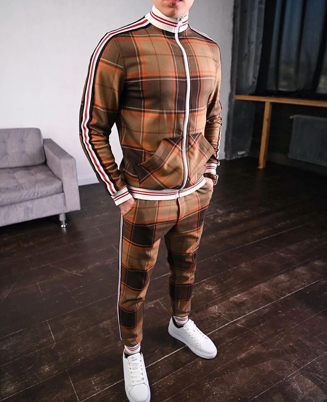 Stylish slim-fit men's checkered tracksuit set, a comfortable outfit for casual wear, sport, or loungewear. Autumn/spring.