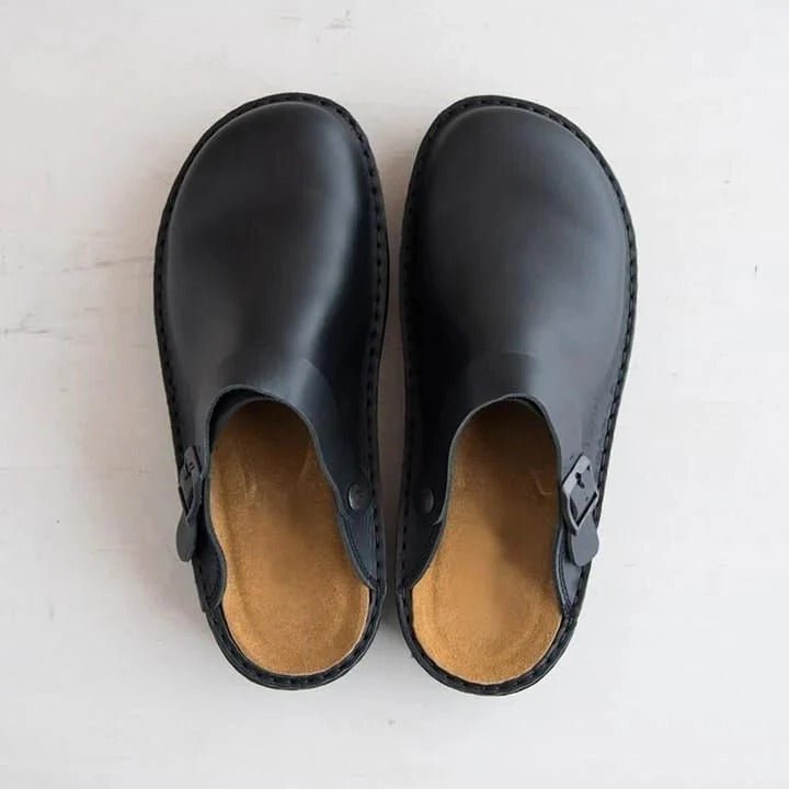 Comfortable men's slip-on mules with secure heel strap for easy wear. Stylish and versatile for any season.