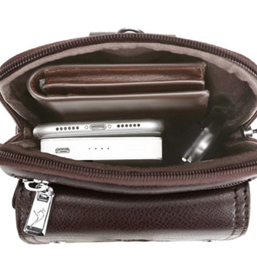 Stylish men's vertical shoulder bag with an accessible front pocket for easy access.