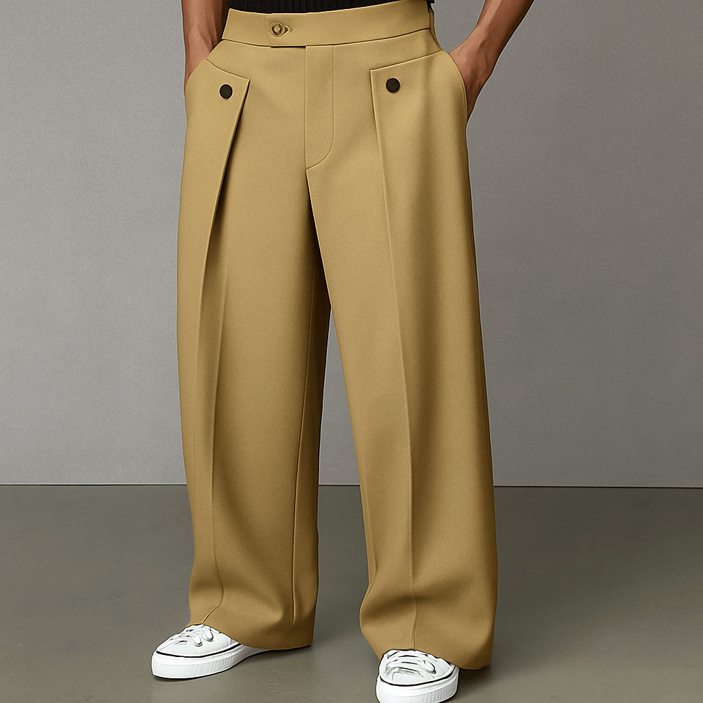 Close-up of men's elegant pleated wide-leg trousers. Comfortable flared design for modern men's fashion.