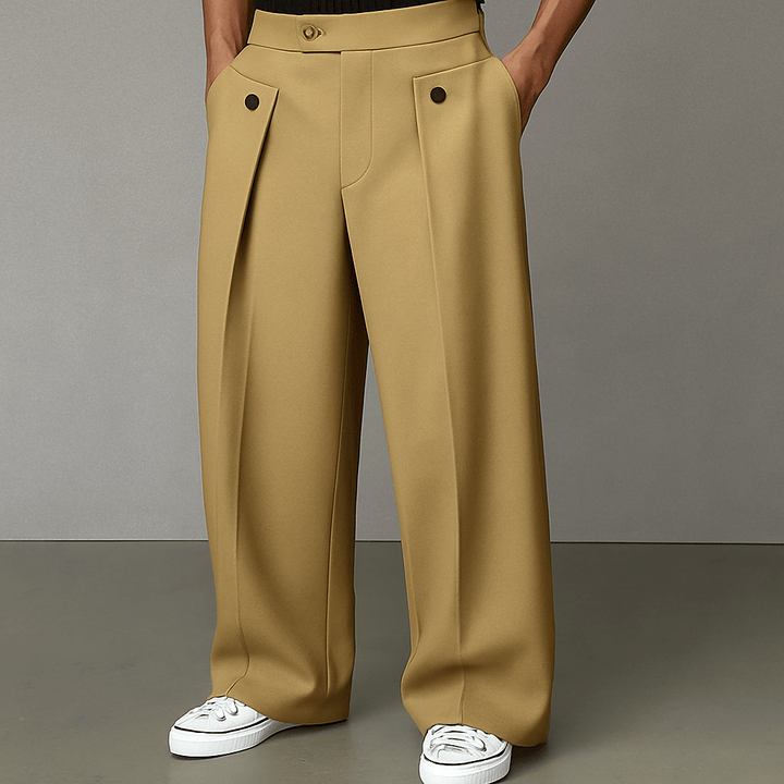 Close-up of men's elegant pleated wide-leg trousers. Comfortable flared design for modern men's fashion.