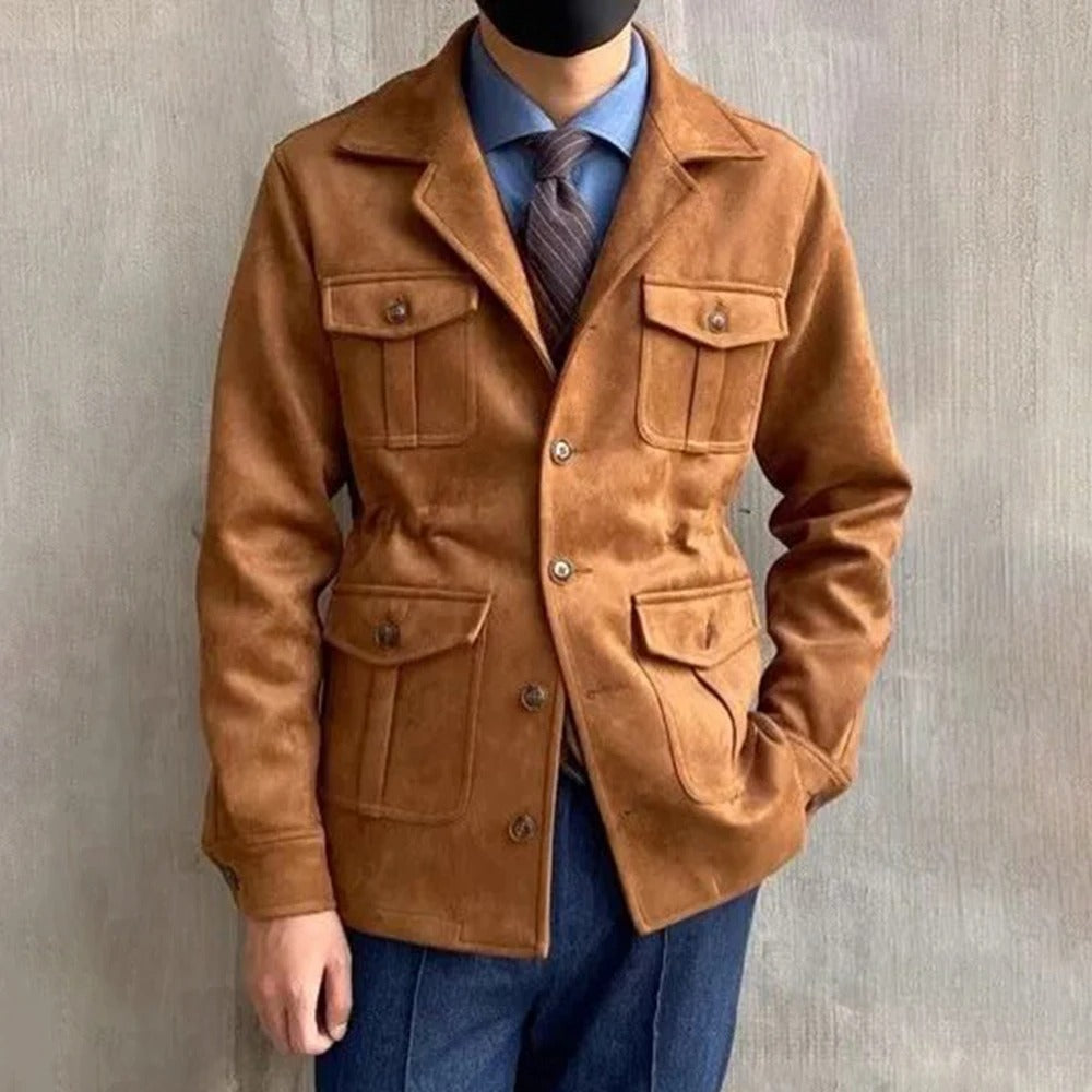 Men's suede-style hunting jacket with durable four-pocket design, perfect for outdoor adventures & casual fall wear.