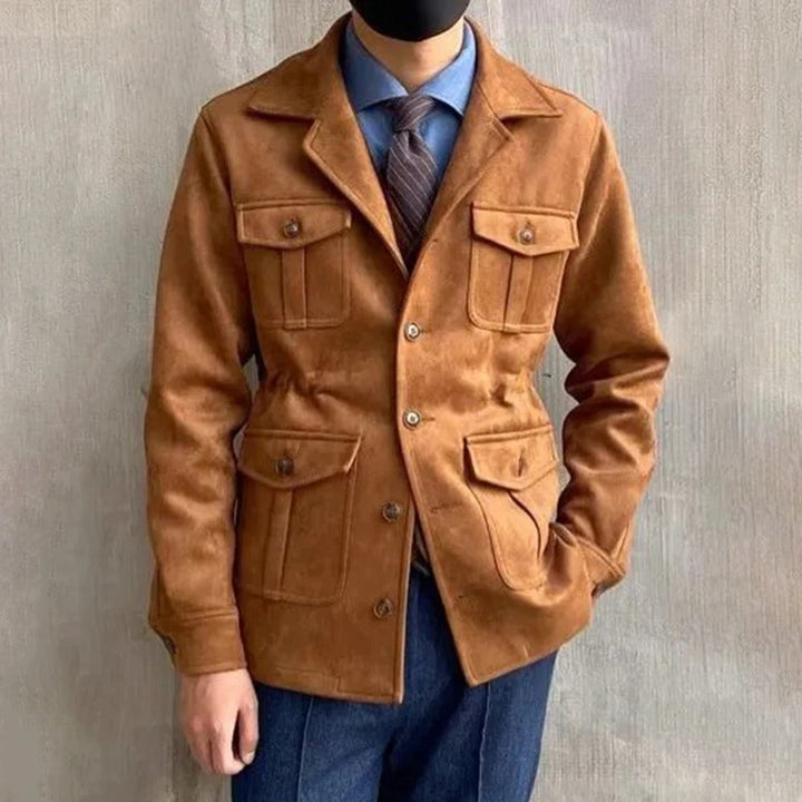 Men's suede-style hunting jacket with durable four-pocket design, perfect for outdoor adventures & casual fall wear.
