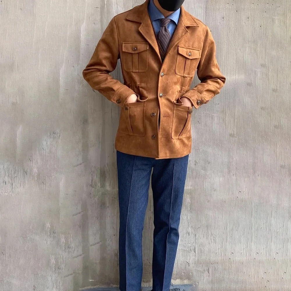 Versatile men's field jacket in suede-style, button-front, ideal for autumn hunting or stylish winter casual wear.