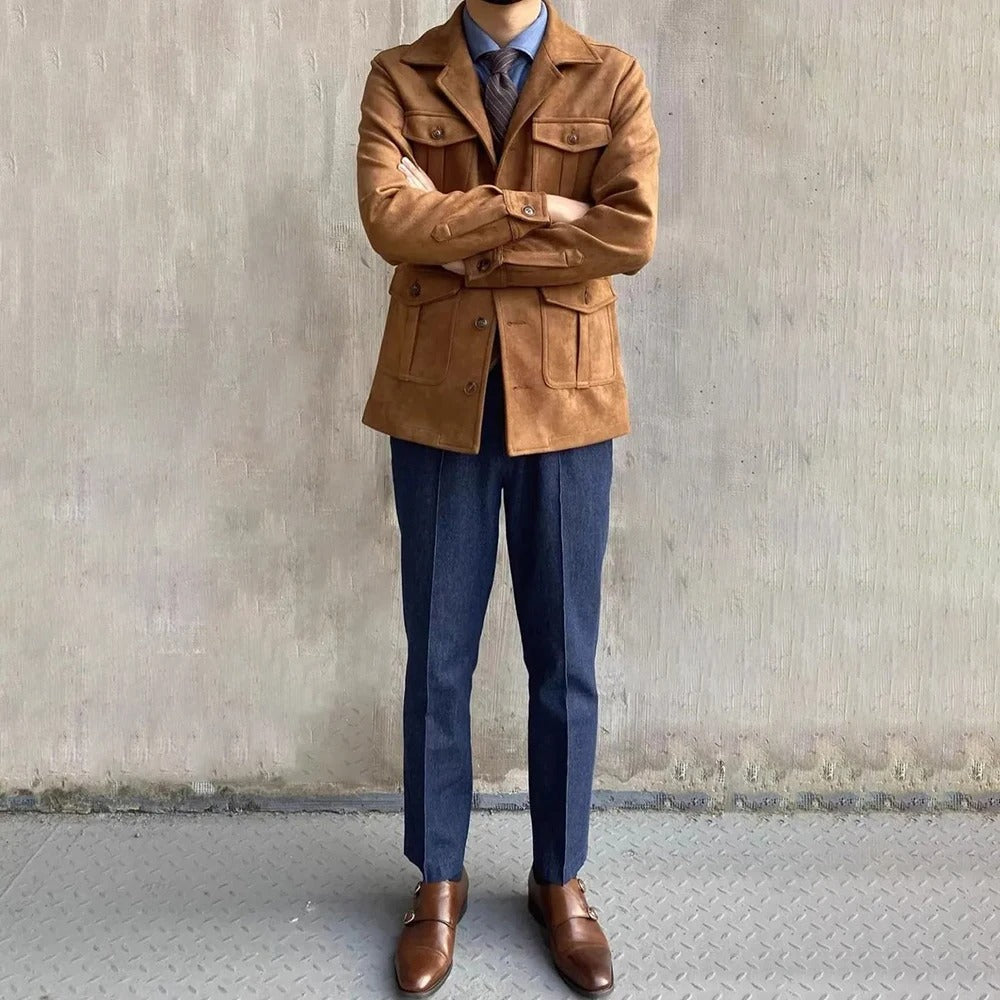 Durable men's outdoor hunting jacket, faux suede look with practical four-pockets, great for rugged field use.