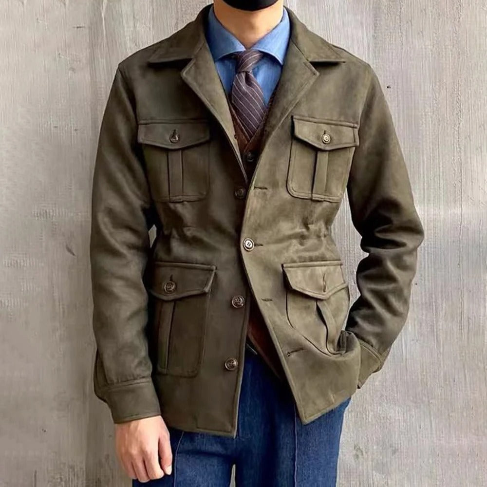 Autumn men's suede-style jacket, four-pocket field design, a durable and stylish outer layer for cold weather.