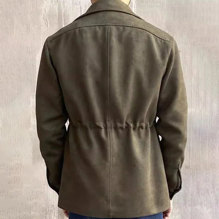 Men's casual hunting jacket, suede-style, button front, durable four-pocket, perfect for fall outdoor activities.