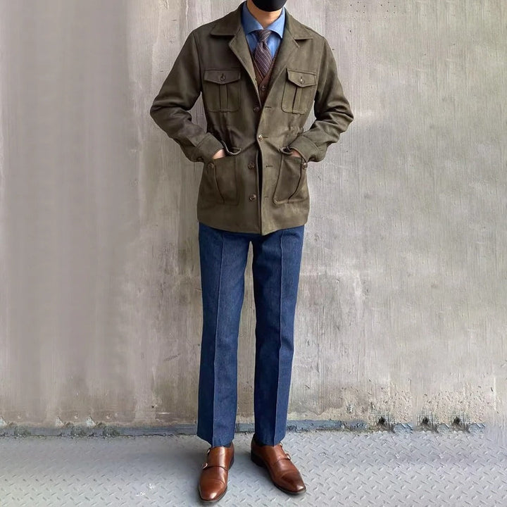 Classic men's suede-style field jacket, four-pocket design, durable and warm for autumn & winter outdoor wear.