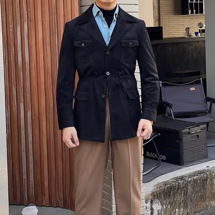 Stylish men's faux suede hunting jacket with four pockets, comfortable and warm for fall and winter casual outings.