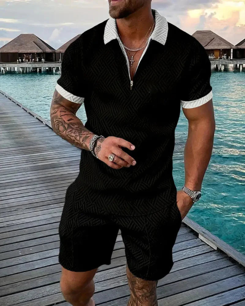 Men's summer tracksuit set with zip polo shirt & coordinated shorts, ideal for casual warm weather fashion.