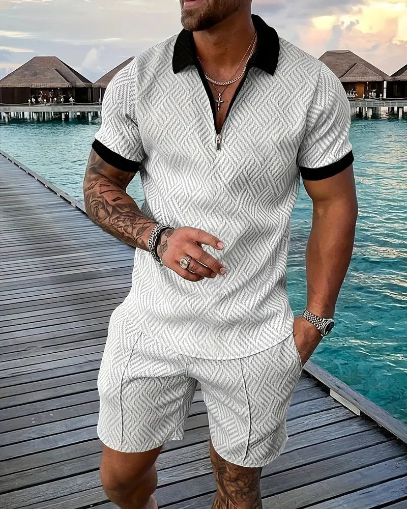 Men's fashion two-piece set: casual zip polo and matching shorts. Essential summer outfit for effortless style.